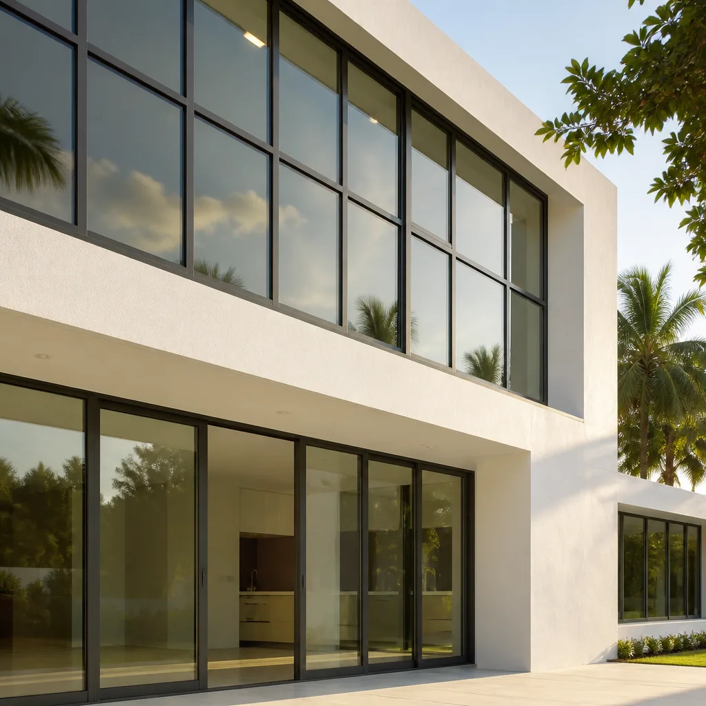 Modern luxury home exterior with large floor-to-ceiling window and door installations